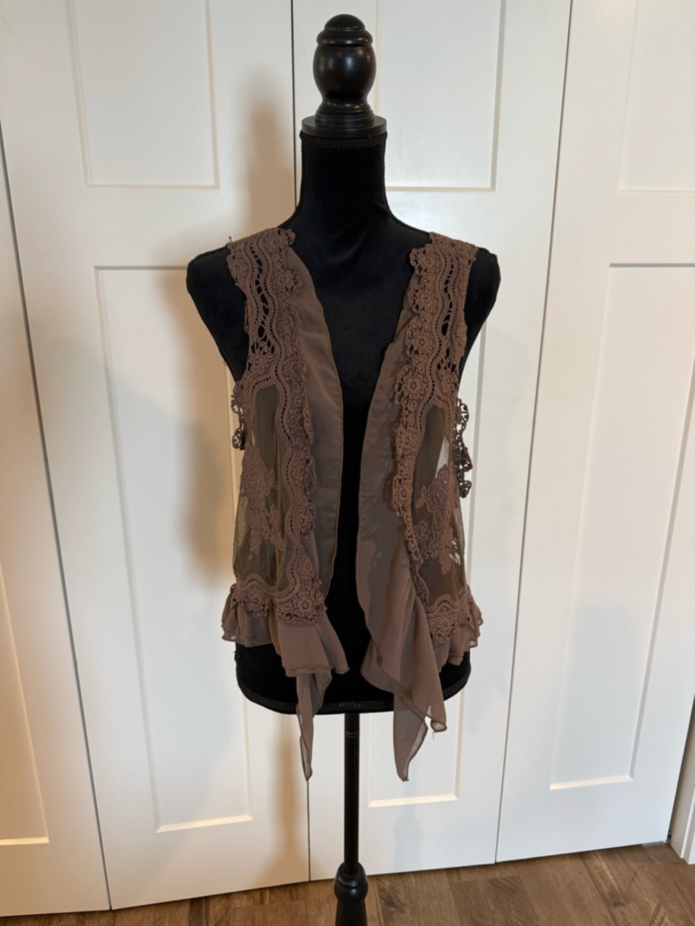 Umgee Brown Lace-Trim Sheer Draped Vest